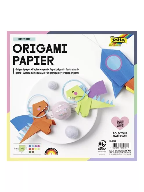 FOLIA Origami papír, 20x20 cm, 70 g, 500 lap, FOLIA, vegyes színek