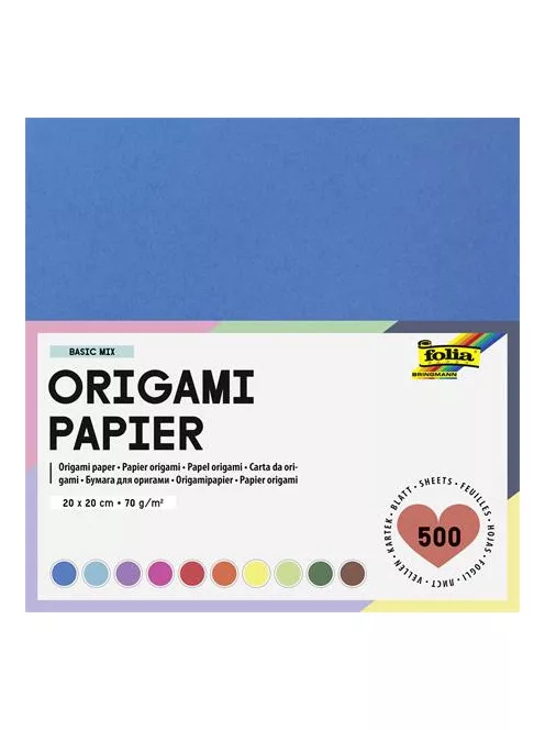 FOLIA Origami papír, 20x20 cm, 70 g, 500 lap, FOLIA, vegyes színek