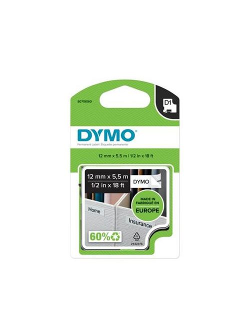 DYMO Feliratozógép szalag, tartós poliészter 12 mm x 5,5 m, DYMO "D1", fehér-fekete