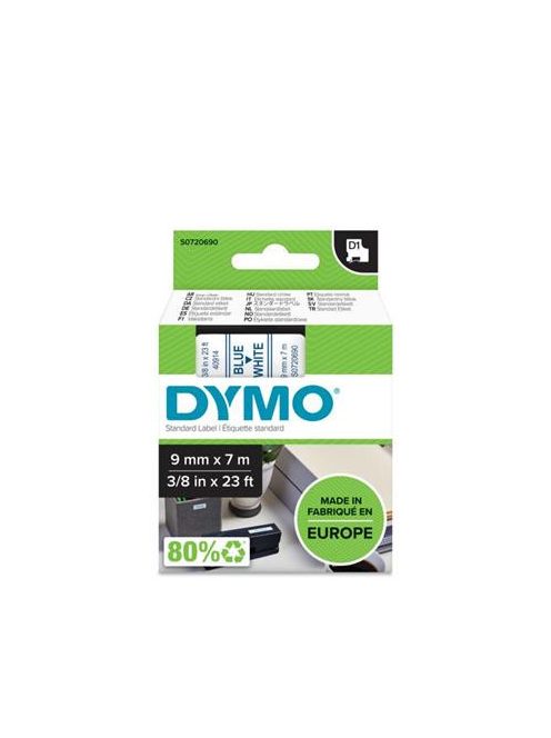 DYMO Feliratozógép szalag, 9 mm x 7 m, DYMO "D1", fehér-kék