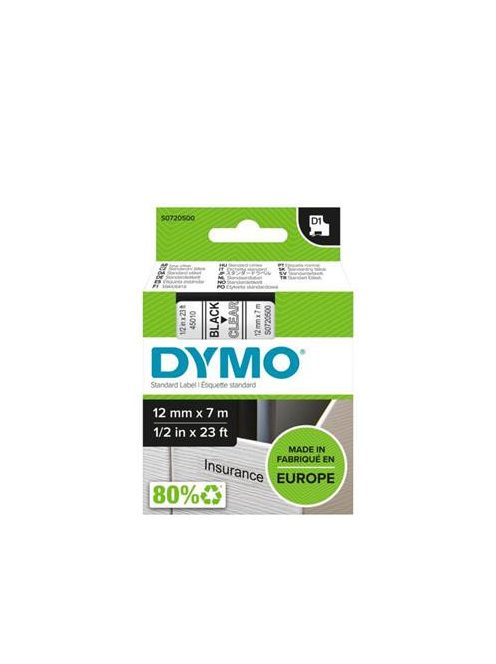 DYMO Feliratozógép szalag, 12 mm x 7 m, DYMO "D1", víztiszta-fekete