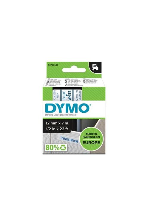 DYMO Feliratozógép szalag, 12 mm x 7 m, DYMO "D1", fehér-kék
