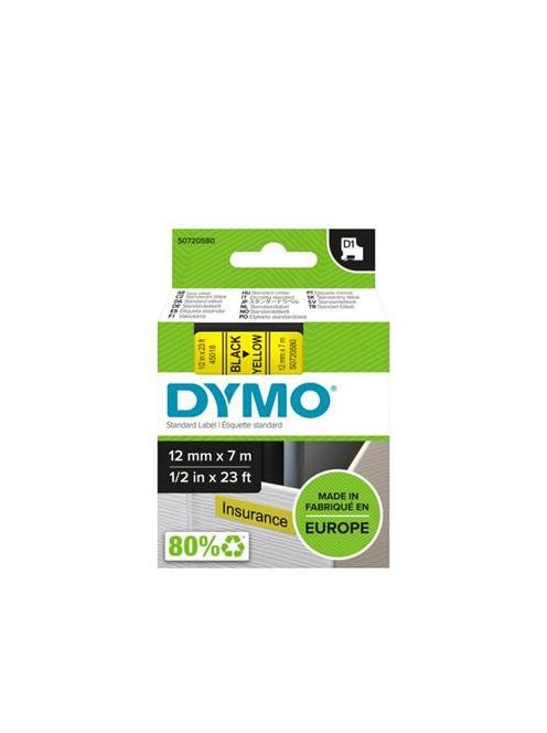 DYMO Feliratozógép szalag, 12 mm x 7 m, DYMO "D1", sárga-fekete