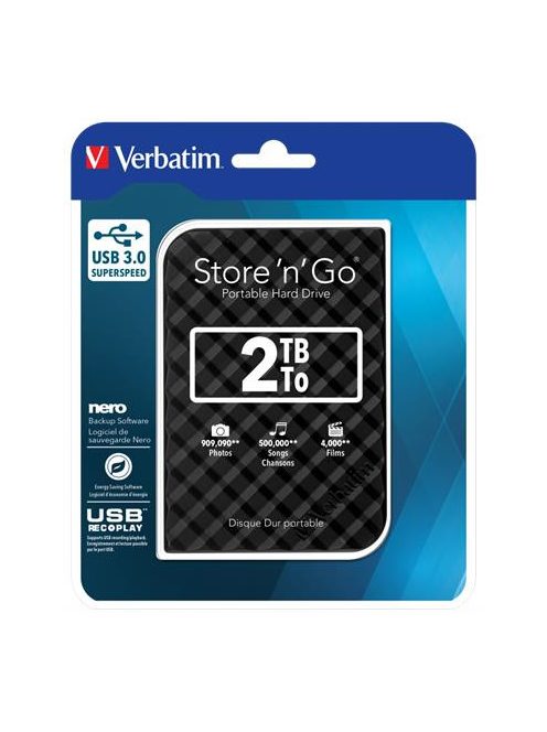 VERBATIM 2,5" HDD (merevlemez), 2TB, USB 3.0, VERBATIM "Store n Go", fekete