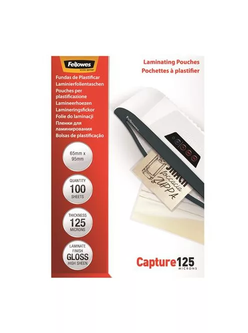 FELLOWES Meleglamináló fólia, 125 mikron, 65x95 mm, fényes, 100 db, FELLOWES