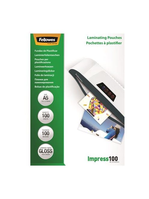 FELLOWES Meleglamináló fólia, 100 mikron, A5, fényes, 100 db, FELLOWES