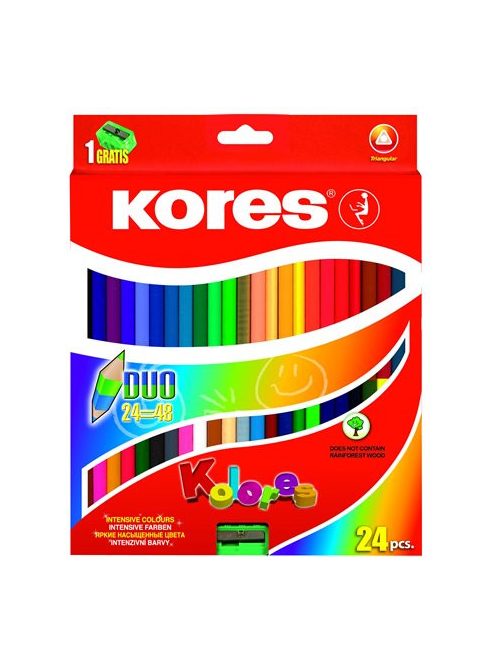 KORES Színes ceruza készlet, kétvégű, háromszögletű, KORES "Duo", 48 különböző szín