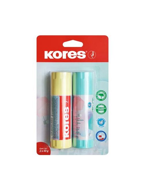 KORES Ragasztóstift, pasztell színű tokban, 2x40 g, KORES, vegyes színek