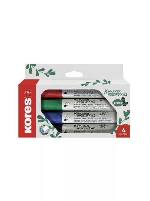 KORES Tábla- és flipchart marker készlet, 3-5 mm, vágott, KORES "ECO K-Marker XW2", 4 különböző szín