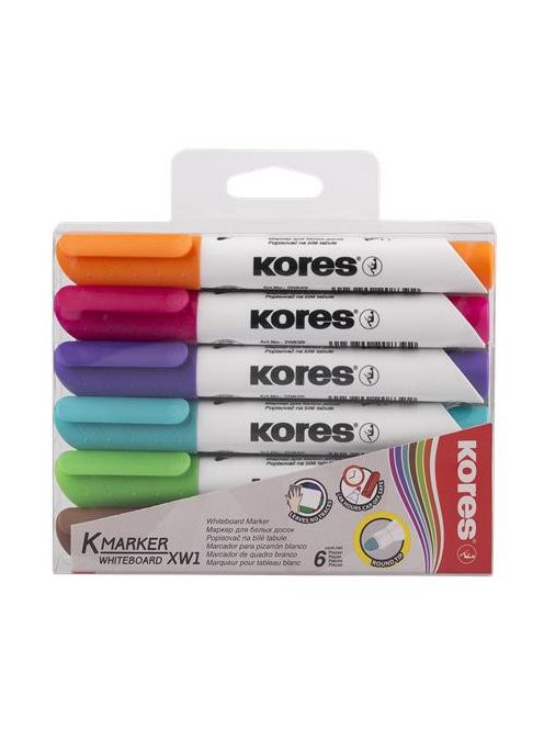 KORES Tábla- és flipchart marker készlet, 1-3 mm, kúpos, KORES "K-Marker", 6 különböző szín