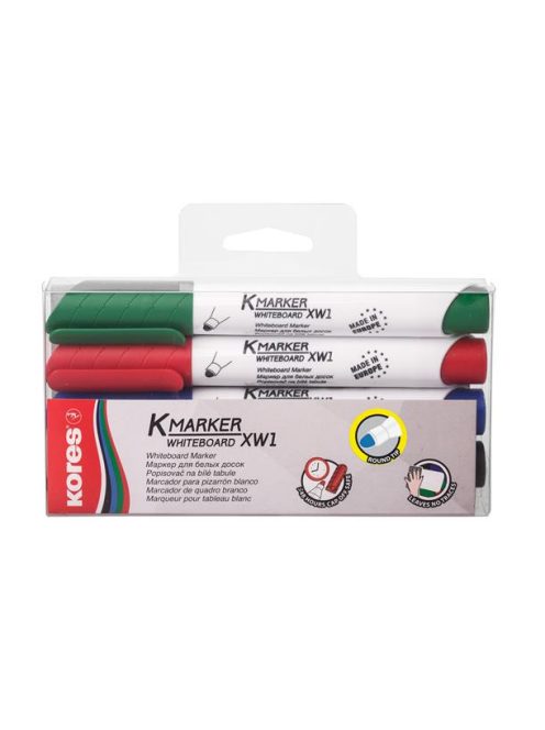KORES Tábla- és flipchart marker készlet, 1-3 mm, kúpos, KORES "K-Marker", 4 különböző szín