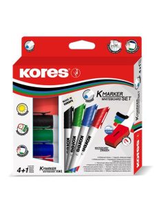   KORES Tábla- és flipchart marker készlet mágneses táblatörlő szivaccsal, 1-3 mm, kúpos KORES, 4 különböző szín