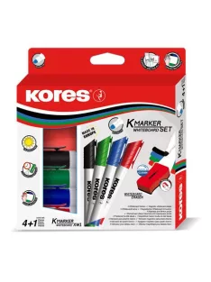   KORES Tábla- és flipchart marker készlet mágneses táblatörlő szivaccsal, 3 mm, kúpos KORES "XW1", 4 különböző szín