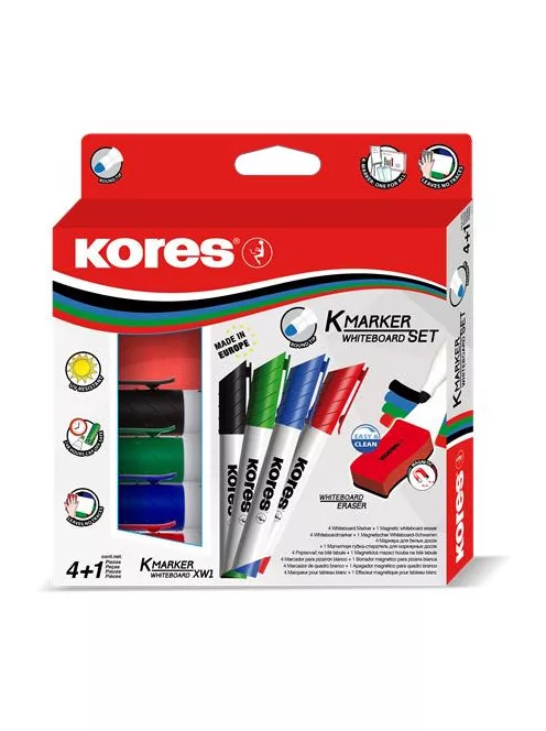 KORES Tábla- és flipchart marker készlet mágneses táblatörlő szivaccsal, 3 mm, kúpos KORES "XW1", 4 különböző szín