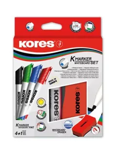   KORES Tábla- és flipchart marker készlet mágneses táblatörlő szivaccsal, 3-5 mm, vágott, KORES "XW2", 4 különböző szín