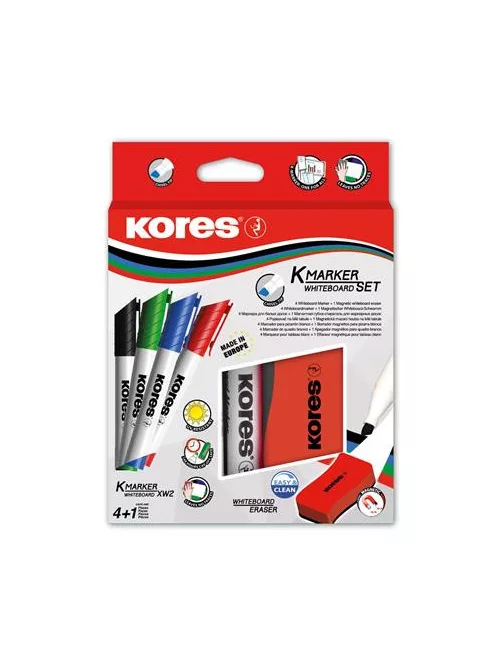 KORES Tábla- és flipchart marker készlet mágneses táblatörlő szivaccsal, 3-5 mm, vágott, KORES "XW2", 4 különböző szín