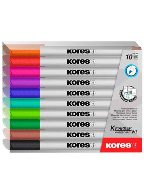 KORES Tábla- és flipchart marker készlet, 1-3 mm kúpos, KORES "K-Marker", 10 különböző szín