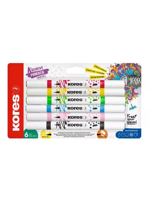 KORES Dekormarker készlet, akril, 1-2 mm, kétvégű, KORES " K-Kreative", 6 különböző szín