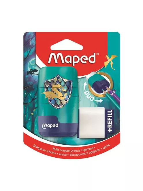 MAPED Hegyező és radír, kétlyukú, tartályos, pótradírral, MAPED "Connect Dragon", sárkány