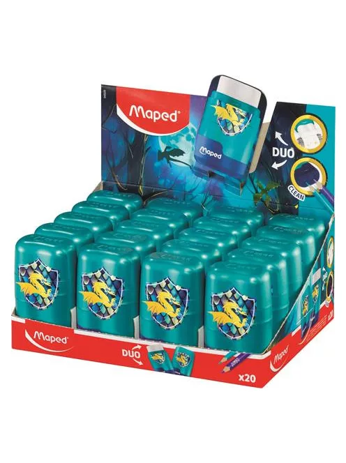 MAPED Hegyező és radír display, kétlyukú, tartályos, MAPED "Connect Dragon", sárkány