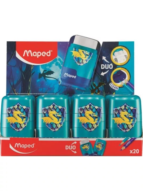 MAPED Hegyező és radír display, kétlyukú, tartályos, MAPED "Connect Dragon", sárkány