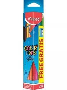  MAPED Színes ceruza készlet, háromszögletű, hegyezővel, MAPED "Color'Peps Star", 12 különböző szín