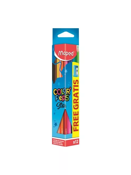 MAPED Színes ceruza készlet, háromszögletű, hegyezővel, MAPED "Color'Peps Star", 12 különböző szín