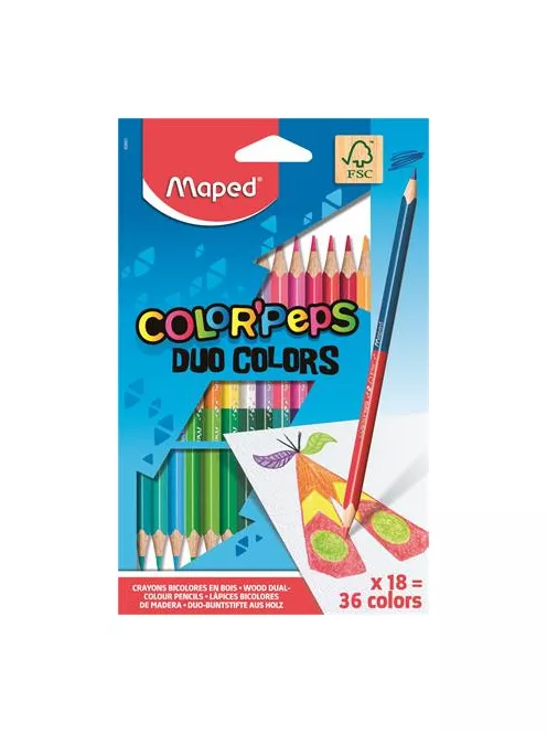 MAPED Színes ceruza készlet, háromszögletű, kétvégű, MAPED "Color'Peps Duo", 36 különböző szín