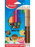 MAPED Színes ceruza készlet, háromszögletű, MAPED "Color'Peps World", 12 különböző szín + 3 kétvégű bőrtónus ceruza