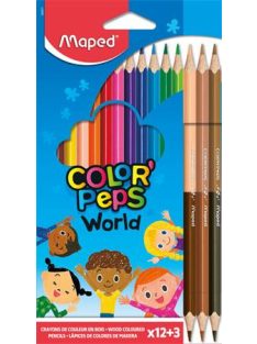   MAPED Színes ceruza készlet, háromszögletű, MAPED "Color'Peps World", 12 különböző szín + 3 kétvégű bőrtónus ceruza
