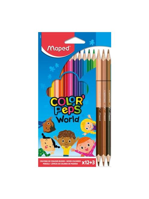 MAPED Színes ceruza készlet, háromszögletű, MAPED "Color'Peps World", 12 különböző szín + 3 kétvégű bőrtónus ceruza