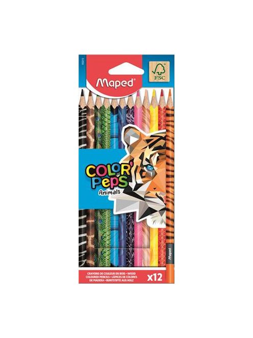 MAPED Színes ceruza készlet, háromszögletű, MAPED "Color'Peps Animal", 12 különböző szín