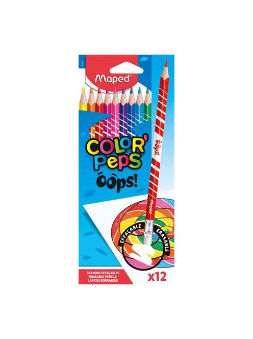 MAPED Színes ceruza készlet, háromszögletű, radírozható, MAPED "Color'Peps Oops", 12 különböző szín
