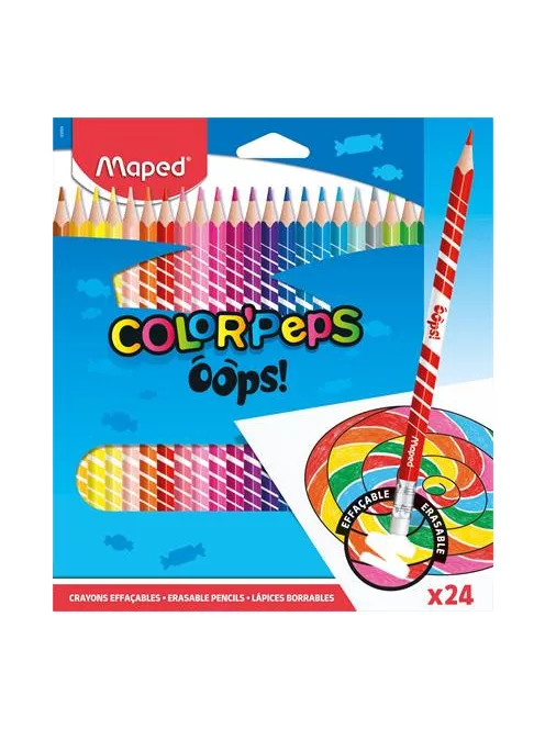 MAPED Színes ceruza készlet, háromszögletű, radírozható, MAPED "Color'Peps Oops", 24 különböző szín