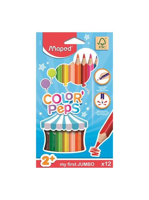 MAPED Színes ceruza készlet, háromszögletű, vastag, MAPED "Jumbo", 12 különböző szín