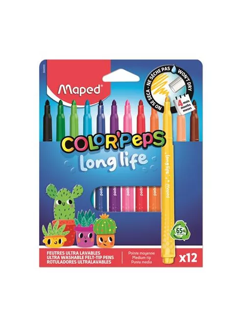MAPED Filctoll készlet, 3,7 mm, kimosható, MAPED „Color'Peps Long Life 2”, 12 különböző szín