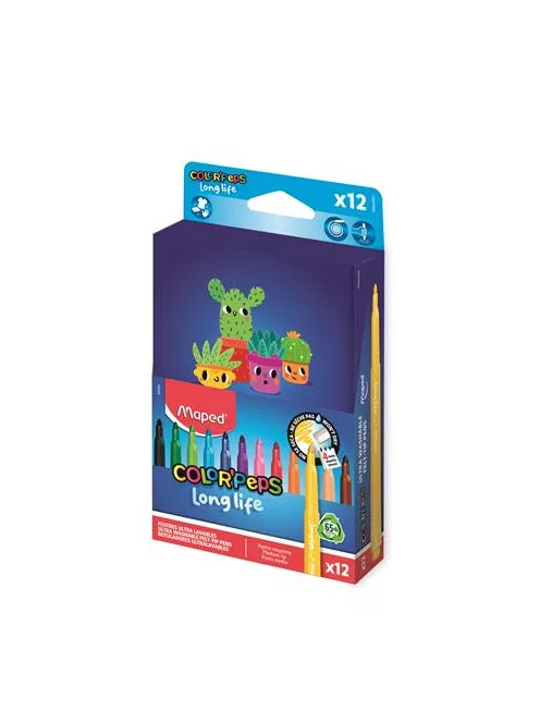 MAPED Filctoll készlet, 3,7 mm, kimosható, dobozos, MAPED „Color'Peps Long Life 2”, 12 különböző szín
