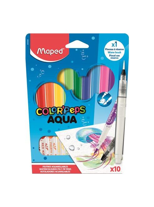 MAPED Akvarell filctoll készlet, 3,6 mm, ecsettel, MAPED "Color'Peps Aqua", 10 különböző szín