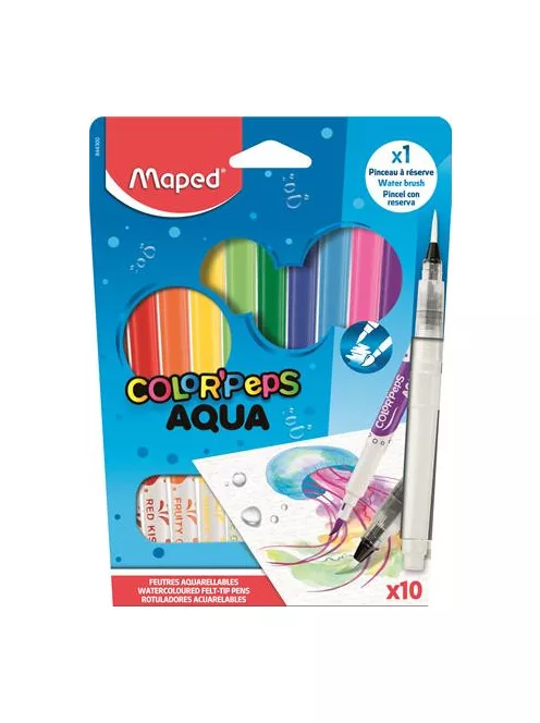 MAPED Akvarell filctoll készlet, 3,6 mm, ecsettel, MAPED "Color'Peps Aqua", 10 különböző szín