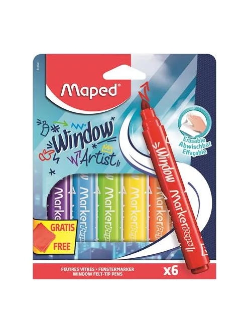 MAPED Ablakfilc készlet, vastag, törlőkendővel, 5 mm, MAPED "Marker'Peps", 6 különböző szín