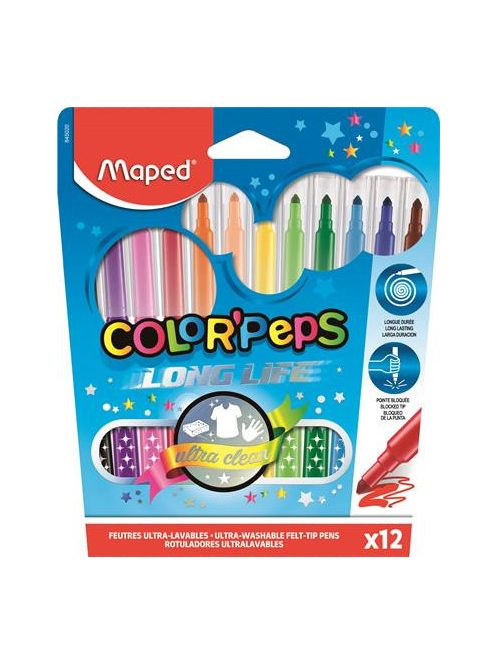 MAPED Filctoll készlet, 1-3,6 mm, kimosható, MAPED "Color'Peps Long Life", 12 különböző szín