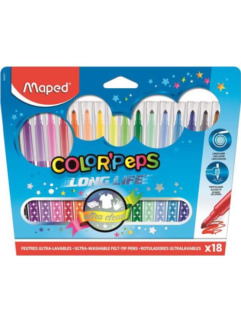 MAPED Filctoll készlet, mosható, MAPED "Color'Peps Long Life", 18 különböző szín