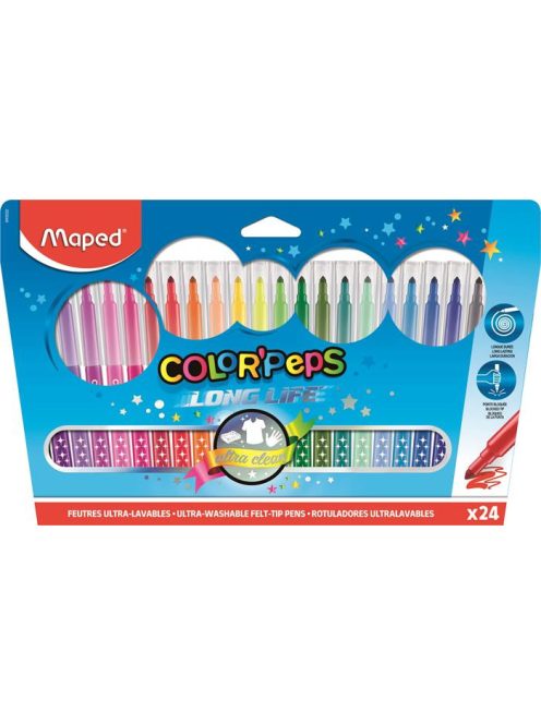 MAPED Filctoll készlet, mosható, MAPED "Color'Peps Long Life", 24 különböző szín