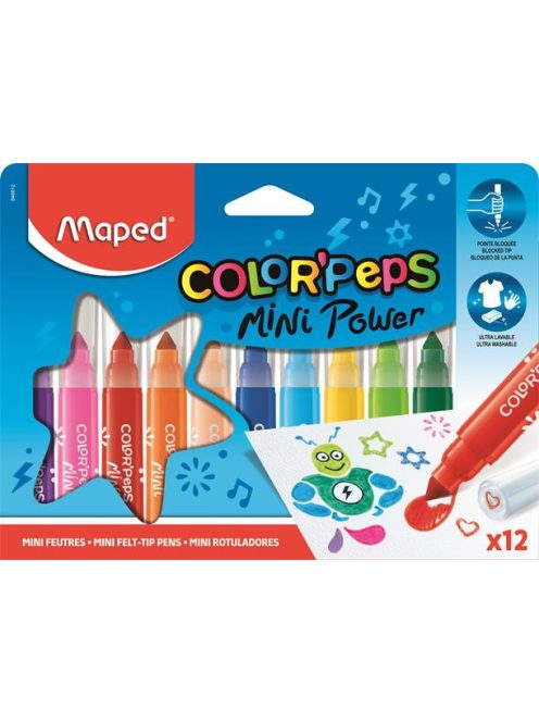 MAPED Filctoll készlet, 6,5 mm, kimosható, MAPED "Color'Peps Mini Power", 12 különböző szín