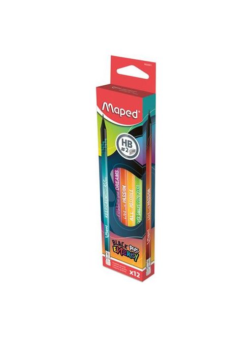 MAPED Grafitceruza radírral, HB, háromszögletű, MAPED "Black'Peps Energy", 6 különböző minta