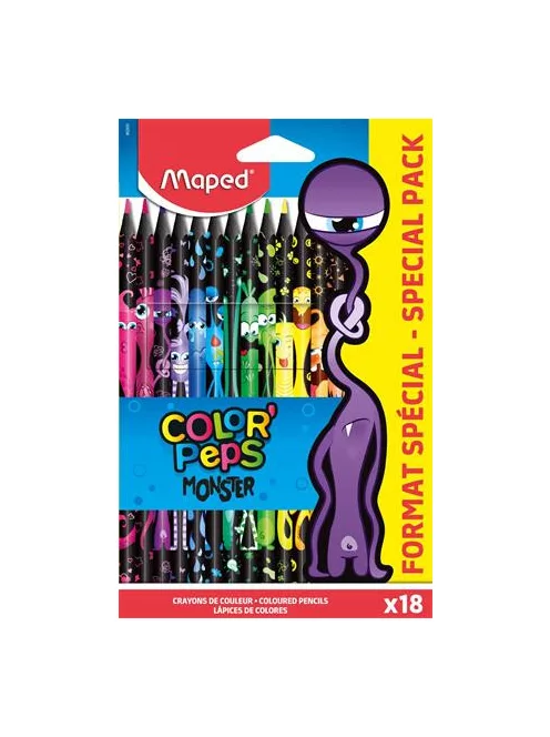 MAPED Színes ceruza készlet, háromszögletű, MAPED "Color'Peps Monster" 18 különböző szín