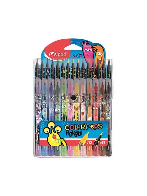 MAPED Filctoll és színes ceruza készlet, MAPED "Color'Peps Monster" 12+15 különböző szín