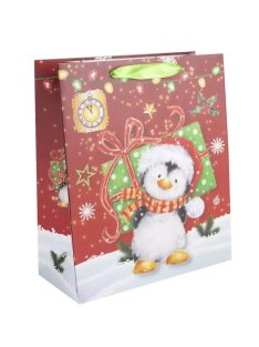   Karácsonyi ajándéktáska 23x18x10cm, közepes, piros, pingvin ajándékkal