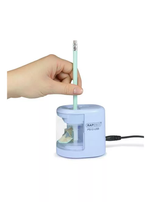 RAPESCO Hegyező, kétlyukú, asztali, elemes, USB töltővel, RAPESCO"PS12-USB", világoskék