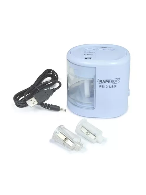 RAPESCO Hegyező, kétlyukú, asztali, elemes, USB töltővel, RAPESCO"PS12-USB", világoskék